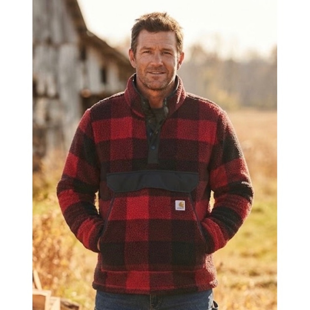 Carhartt Mens OJ4991-M Relaxed Fit Sherpa Fleece Anorak Buffalo Plaid Red Black